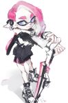  1girl absurdres arms_up asymmetrical_hair black_footwear black_jacket black_shorts closed_mouth commentary_request cross-laced_footwear dolphin_shorts earrings forehead full_body hands_on_hilt highres ink_tank_(splatoon) inkling inkling_girl jacket jewelry long_sleeves looking_at_viewer odake outstretched_arms own_hands_together pale_skin pink_hair planted pointy_ears shoes short_hair short_shorts shorts side_slit simple_background sketch sneakers solo splatana_wiper_(splatoon) splatoon_(series) standing tentacle_hair tentacles violet_eyes white_background 