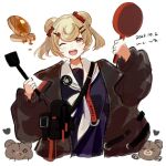 &gt;_o 1girl animal_ears arknights arms_up bag bear_ears bear_girl black_jacket blonde_hair blue_shirt butter candy_hair_ornament commentary crop_top dated food food-themed_hair_ornament frying_pan gummy_(arknights) hair_ornament heart highres holding holding_frying_pan holding_spatula jacket k-yosinori lollipop_hair_ornament looking_at_viewer neckerchief one-hour_drawing_challenge one_eye_closed open_clothes open_jacket open_mouth pancake red_eyes sailor_collar shirt signature simple_background sketch smile solo spatula stuffed_animal stuffed_toy syrup teddy_bear teeth twintails upper_teeth_only white_background white_neckerchief white_sailor_collar
