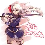  1girl belt black_necktie blue_eyes bow breasts earrings hair_bow highres holding holding_sword holding_weapon jewelry keigen_hichou large_breasts long_hair looking_at_viewer lyseria_christaria miniskirt necktie official_art red_bow seiken_gakuin_no_maken_tsukai shirt skirt sword thigh-highs uniform weapon white_belt white_hair white_shirt 