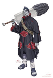  1boy akatsuki_uniform black_robe cloud_print colored_skin forehead_protector full_body grey_skin grin highres hoshigaki_kisame in-hyuk_lee kirigakure_symbol male_focus naruto_(series) robe samehada_(naruto) sandals shark_boy sharp_teeth simple_background smile standing teeth white_background zipper 