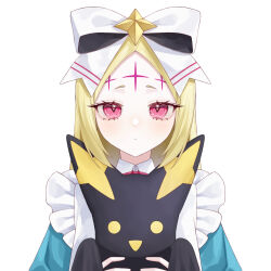  1girl 1other bing_shui_zhen_suanmeitang blonde_hair blue_dress carrying carrying_person closed_mouth dress expressionless forehead_tattoo hair_ribbon highres large_ribbon light_blush long_hair looking_at_viewer mahou_shoujo_ni_akogarete morino_korisu nero_alice pink_eyes ribbon simple_background solo upper_body venalita white_background white_ribbon 