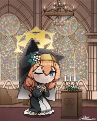  absurdres altar animal_ears blue_archive blue_eyes blush candle cat_ears chandelier habit hair_between_eyes halo highres kneeling light_smile mari_(blue_archive) nouni one_eye_closed orange_hair pew praying stained_glass trinity_general_school_logo 