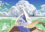  1girl absurdres animal bananabeta bird blue_kimono boat cherry_blossoms clouds cloudy_sky duck fairy_knight_lancelot_(dream_portrait)_(fate) fate/grand_order fate_(series) forked_eyebrows gradient_hair hair_ornament highres horizon japanese_clothes karaginu_mo kimono layered_clothes layered_kimono long_hair long_sleeves looking_at_viewer looking_back melusine_(fate) multicolored_clothes multicolored_hair multicolored_kimono obi official_alternate_costume patterned_clothing petals sash sidelocks sitting sky skyline solo very_long_hair water watercraft white_hair wide_sleeves yellow_eyes 