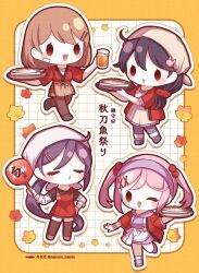  akebono_(autumn_mode)_(kancolle) akebono_(kancolle) alcohol apron bandaid bandaid_on_face bandana beer beer_mug black_pantyhose brown_apron brown_eyes chibi cup denim dress fish hair_bobbles hair_ornament hairband hairclip highres hooded_dress jeans kantai_collection long_hair mug nada_namie oboro_(autumn_mode)_(kancolle) oboro_(kancolle) official_alternate_costume pants pants_under_dress pantyhose pink_bandana pink_dress pink_hair purple_dress purple_hairband purple_shirt red_apron red_happi saury sazanami_(autumn_mode)_(kancolle) sazanami_(kancolle) shirt short_hair side_ponytail standing ushio_(autumn_mode)_(kancolle) ushio_(kancolle) violet_eyes 