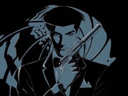  1boy blue_theme bow bowtie closed_mouth cosplay gun handgun highres holding holding_gun holding_weapon jacket james_bond james_bond_(cosplay) james_bond_(series) long_sleeves looking_at_viewer male_focus megadeus_mommy monochrome roger_smith short_hair solo the_big_o walther walther_ppk watch watch weapon 