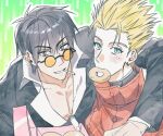  black_hair blush cigarette coat doughnut earrings food green_background hair_between_eyes highres jewelry mole mole_under_eye nicholas_d._wolfwood red_coat simple_background single_earring sm_hj711 sunglasses trigun vash_the_stampede 