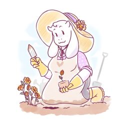 1girl 2016 2d alternate_costume anthro apron boots cubedcake digital_media dirt eyelashes female floppy_ears flower fur furry furry_female gardening gloves goat goat_ears goat_girl goat_horns hat horns kneeling mammal monster monster_girl plant shovel simple_background solo toriel undertale utdr_(toby_fox) white_background white_fur white_horns yellow_boots yellow_gloves |_|