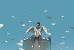  1boy barefoot blue_sky brown_hair feathered_wings feet grey_pants grey_sweater ladder male_focus original outdoors pants paper_airplane rido_(ridograph) short_hair sitting sky sleeves_rolled_up solo sweater water_tank white_wings wings 