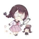  2girls :d :q arms_up blush blush_stickers bow bowtie braid brown_dress brown_footwear brown_hair brown_sailor_collar chibi coke-bottle_glasses dress fairy_(girls&#039;_frontline) full_body girls_frontline glasses holding holding_magnifying_glass long_hair long_skirt long_sleeves looking_at_viewer magnifying_glass multiple_girls object_on_head official_art pink_bow pink_bowtie pink_eyes pink_skirt pleated_skirt rescue_fairy_(girls&#039;_frontline) round_eyewear sailor_collar saru shirt simple_background skirt smile standing standing_on_one_leg star_(symbol) third-party_source tongue tongue_out transparent_background treasure_chest twin_braids v-shaped_eyebrows white_shirt |_| 