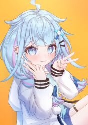  1girl absurdres ahoge blue_eyes blue_hair blush double_v ear_piercing hair_flaps hair_ornament hairpin highres hololive hololive_dev_is hood hoodie lightning_ahoge looking_at_viewer mizumiya_su multicolored_hair o-ring o-ring_thigh_strap piercing pink_hair streaked_hair thigh_strap u_u2_12 v virtual_youtuber white_hoodie x_hair_ornament yellow_background 
