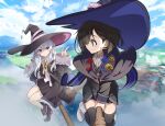  2girls black_hair blue_eyes bow brooch broom broom_riding clouds elaina_(majo_no_tabitabi) flying hair_bow hat jewelry long_hair looking_at_another majo_no_tabitabi multiple_girls neck_ribbon nyoro_(nyoronyoro000) ribbon saya_(majo_no_tabitabi) shoes short_hair skirt sky smile thigh-highs violet_eyes white_hair witch witch_hat 