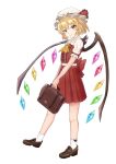  1girl adapted_costume ascot back_bow bag blonde_hair bow brown_bag brown_footwear center_frills closed_mouth collared_shirt crystal flandre_scarlet frilled_sleeves frills from_side full_body hair_between_eyes hat head_tilt highres holding holding_bag huyuita_(lona_roll) light_smile loafers looking_at_viewer medium_skirt mob_cap multicolored_wings pleated_skirt red_bow red_eyes red_skirt red_vest shirt shoes short_hair simple_background skirt socks solo touhou vest white_background white_headwear white_shirt white_socks wings yellow_ascot 
