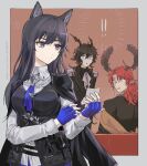  ! 1girl 2boys ? animal_ear_fluff animal_ears antlers arknights ascot belt black_hair black_jacket black_suit black_vest blue_gloves blue_necktie border breasts brooch collared_shirt commentary_request couch czerny_(arknights) deer_antlers deer_boy deer_ears ebenholz_(arknights) epaulettes fingerless_gloves formal gloves goat_boy goat_ears goat_horns grey_ascot highres holding holding_paper horns jacket jacket_on_shoulders jewelry long_hair long_sleeves looking_at_another looking_at_viewer medium_breasts monocle multiple_boys necktie noshima open_mouth orange_background paper parted_lips ponytail redhead shirt short_hair simple_background spoken_question_mark suit surprised texas_(arknights) texas_the_omertosa_(arknights) translation_request upper_body vest violet_eyes white_shirt wolf_brooch wolf_ears wolf_girl 
