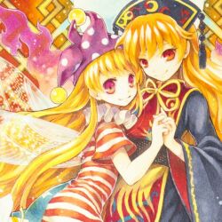  2girls american_flag_dress belt black_dress black_hat blonde_hair brown_belt chinese_clothes closed_mouth clownpiece cowboy_shot crescent crescent_print dress fairy_wings fire from_side hair_between_eyes hand_up hat holding holding_hands jester_cap junko_(touhou) long_hair long_sleeves looking_at_viewer mandarin_collar multicolored_background multiple_girls neck_ribbon neck_ruff orange_hair phoenix_crown phoenix_print pink_eyes polka_dot polka_dot_headwear pom_pom_(clothes) purple_fire purple_hat red_dress red_eyes red_tabard ribbon smile socha standing star_(symbol) star_print striped_clothes striped_dress tabard tassel touhou transparent_wings two-sided_dress two-sided_fabric wide_sleeves wings yellow_ribbon 
