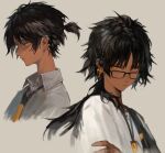  1boy arknights bespectacled black_hair collared_shirt cropped_shoulders dark-skinned_male dark_skin ear_piercing geebee_79 glasses grey_background id_card long_hair looking_at_viewer male_focus messy_hair multiple_views orange_eyes piercing shirt short_hair short_ponytail simple_background t-shirt thorns_(arknights) thorns_(comodo)_(arknights) white_shirt 