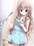  1girl 9-nine- :d animal_print apron blue_apron blue_eyes blurry blurry_background blush casual commentary cooking cowboy_shot dutch_angle eyelashes fish_print gear_hair_ornament hair_between_eyes hands_up highres holding holding_ladle holding_plate indoors kujou_miyako ladle light_brown_hair long_hair long_sleeves looking_at_viewer open_mouth paw_print pink_sweater plate sidelocks sleeves_rolled_up smile solo standing star_(symbol) sweater takepoison very_long_hair wavy_hair wing_hair_ornament 