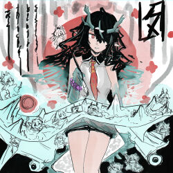  aqua_horns arknights bead_bracelet beads bracelet calligraphy calligraphy_brush chibi china_dress chinese_clothes chongyue_(arknights) colored_skin dragon_bubble_(arknights) dragon_girl dragon_horns dragon_tail dress dusk_(arknights) earrings eastern_dragon_tail fiery_tail flame-tipped_tail gradient_skin green_horns green_skin highres holding holding_scroll horns jewelry jie_(arknights) ling_(arknights) multicolored_hair nian_(arknights) non-web_source paintbrush pointy_ears scroll shu_(arknights) siblings smile streaked_hair tail tassel tassel_earrings wang_(arknights) zhi_(arknights) 