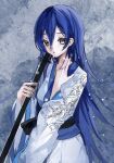  1girl blue_hair cang_yue_(tou_xing_jiuyue_tian) gradient_background grey_eyes highres holding holding_sword holding_weapon index_finger_raised japanese_clothes kimono long_hair long_sleeves parted_lips sash snow solo sword tou_xing_jiuyue_tian upper_body weapon yao_laoban 