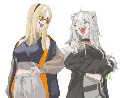  2girls ahoge animal_ears black_hair blonde_hair dopapoonile fur-trimmed_jacket fur_trim grey_hair hair_between_eyes highres hololive hololive_dev_is jacket koganei_niko lion_ears lion_girl long_hair multicolored_hair multiple_girls navel open_clothes open_mouth orange-tinted_eyewear parted_bangs shirt shishiro_botan shishiro_botan_(1st_costume) streaked_hair sunglasses tinted_eyewear two-tone_hair two_side_up virtual_youtuber white_background 