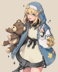 1girl absurdres androgyne_symbol aqua_eyes black_gloves blonde_hair blush bridget_(guilty_gear) commentary_request cross cuffs female_focus fingerless_gloves gloves guilty_gear guilty_gear_strive habit handcuffs highres holding holding_stuffed_toy hood hood_up hooded_jacket jacket long_sleeves looking_at_viewer medium_hair open_clothes open_mouth ribbon roger_(guilty_gear) simple_background smile solo sparkle stuffed_animal stuffed_toy teddy_bear yayuyo_(js1ik) zipper_pull_tab