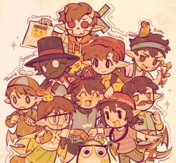  2girls 2others 4boys absurdres androgynous animal_on_head beanie bird bird_on_head black_hair black_skin bobby_(quackity_smp) braid brown_hair camera character_name chayanne child colored_skin commentary creature dapper_(quackity_smp) demon_boy dragon_boy dragon_girl dragon_tail dragon_wings egg english_commentary everyone facial_hair fist_bump gegg glasses gloves hair_ribbon hat headband heart highres juanaflippa leonarda_(quackity_smp) long_hair mask minecraft_youtube monster_boy multiple_boys multiple_girls multiple_others mustache on_head open_mouth peeco_0 personification pointy_ears propeller_hat quackity quackity_smp ramon_(quackity_smp) red_hat red_ribbon ribbon shirt skull_mask striped_clothes striped_shirt sword tail tallulah_(old_design)_(quackity_smp) tallulah_(quackity_smp) tilin top_hat trump_(quackity_smp) twin_braids weapon wings 