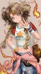  1girl :3 absurdres bandaged_wrist bandages bandaid bandaid_on_face belt blue_eyes blue_pants blue_wristband boxing_gloves braid brown_gloves brown_hair championship_belt clothes_around_waist cowboy_shot denim double_bun fire gauze_on_arm gloves grey_background hair_bun hair_ornament hairclip hand_on_own_hip hand_up highres jeans long_hair looking_at_viewer low_twin_braids midriff navel pants reverse:1999 scrunchie shirt short_sleeves solo spathodea_(reverse:1999) t-shirt tao_tai_lang_jiang twin_braids w white_shirt wrist_scrunchie yellow_scrunchie 