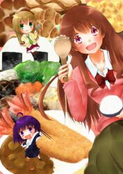 3girls blonde_hair blue_dress blue_sailor_collar brown_eyes brown_hair dress food green_eyes green_necktie green_neckwear kirara_fantasia koufuku_graffiti long_hair machiko_ryou medium_hair morino_kirin multiple_girls necktie neckwear orange_shirt pink_shirt purple_hair red_eyes redhead sailor_dress school_uniform shiina_(koufuku_graffiti) shirt uniform violet_eyes white_shirt yellow_shirt