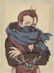  armor blue_scarf crossed_arms fire_emblem fire_emblem_fates hair_slicked_back japanese_armor japanese_clothes looking_to_the_side mask masterpidies mouth_mask ninja ninja_mask one_eye_closed pectoral_cleavage pectorals redhead saizo_(fire_emblem) scar scar_across_eye scarf 