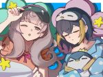  2girls ahoge bags_under_eyes black_hair blonde_hair blue_pajamas grey_hair highres long_hair multicolored_hair multiple_girls nijisanji nijisanji_en one_eye_closed open_mouth pajamas pentomo_(petra_gurin) petra_gurin pillow reimu_endou short_hair sleep_mask sleeping streaked_hair stuffed_animal stuffed_penguin stuffed_toy virtual_youtuber wusuki_(wuqin_wusuki) 