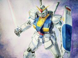  1980s_(style) absurdres aeug beam_saber green_eyes gundam gundam_mk_ii highres isao_outaki machinery mecha mecha_focus mobile_suit no_humans painting_(medium) realistic retro_artstyle robot roundel scan science_fiction shield traditional_media v-fin watercolor_(medium) zeta_gundam 