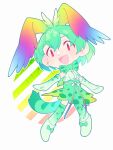  1girl bow bowtie cellval elbow_gloves full_body gloves green_hair hauru_252 head_wings highres kemono_friends kneehighs looking_at_viewer open_mouth red_eyes ribbon shirt shoes short_hair simple_background skirt sleeveless sleeveless_shirt smile socks solo tail wings 