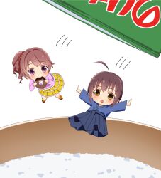  2girls ahoge blue_hakama blue_kimono bowl brown_hair cardigan chibi chibi_only commentary doughnut food hakama hakama_skirt holding holding_doughnut holding_food idolmaster idolmaster_cinderella_girls japanese_clothes kimono long_sleeves medium_hair mini_person minigirl miniskirt multiple_girls open_cardigan open_clothes pink_cardigan pink_eyes rice shiina_noriko shirt short_hair side_ponytail skirt wakiyama_tamami white_shirt yellow_eyes yellow_skirt yoyomura 