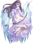  1girl angel_wings blindfold bow_(weapon) brown_hair chain_paradox dress feathered_wings full_body high_heels long_sleeves purple_dress solo togenatsu weapon wings 