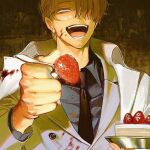  1boy black_shirt blonde_hair blue_eyes cheesecake collared_shirt facial_hair food fork glasses hair_over_one_eye holding holding_fork holding_plate jacket male_focus necktie one_piece open_mouth plate runa_(nori31291404) sanji_(one_piece) shirt short_hair smile solo stubble white_jacket 