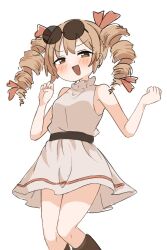  1girl belt blush bow brown_eyes dress drill_hair eyewear_on_head hair_bow kyuukei_usagi looking_at_viewer open_mouth orange_hair round_eyewear sleeveless sleeveless_dress smile solo sunglasses touhou twin_drills v-shaped_eyebrows yorigami_jo'on 