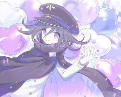  1boy 8takenokonosato8 arm_belt balloon black_cape black_hair black_hat buttons cape commentary danganronpa_(series) danganronpa_v3:_killing_harmony dice flipped_hair hair_between_eyes happy_birthday hat heart_balloon highres long_sleeves looking_at_viewer male_focus oma_kokichi purple_hair short_hair smile solo star_(symbol) too_many_balloons upper_body violet_eyes 