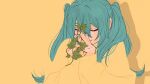  1girl alternate_costume aqua_hair aqua_nails blending closed_eyes hair_between_eyes hatsune_miku highres holding holding_plant leaf long_hair own_hands_together plant shadow shirt simple_background solo syooooyoooo twintails upper_body vocaloid yellow_background yellow_shirt 