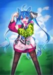  1girl :d ahoge animal_ears aqua_hair black_bodysuit black_ribbon blue_eyes blue_hair blue_sky bodysuit clenched_hand clothes_writing clouds cloudy_sky commentary crossed_bangs day flexing hair_ribbon hand_on_own_ass heterochromia highres hood hood_down hooded_coat horizon horse_ears horse_girl horse_tail kurutta_macho_boy long_hair long_sleeves looking_at_viewer multicolored_coat multicolored_hair open_mouth outdoors ribbon sharp_teeth sky smile solo standing star_(symbol) star_print stuffed_animal stuffed_rabbit stuffed_toy tail teeth twin_turbo_(umamusume) twintails two-tone_hair umamusume very_long_hair violet_eyes 
