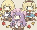  3girls :&lt; :3 acorn alice_margatroid apron aqua_dress aqua_eyes autumn autumn_leaves beetroot black_footwear blonde_hair blue_bow blush bow braid brown_eyes capelet chibi crescent crescent_hat_ornament dress food frilled_apron frilled_capelet frilled_hairband frills grey_background hair_bow hairband hat hat_ornament hat_ribbon holding holding_acorn holding_food holding_pumpkin holding_vegetable kagome_f kirisame_marisa long_hair long_sleeves mob_cap multiple_girls mushroom nut_(food) patchouli_knowledge puffy_sleeves pumpkin purple_bow purple_hair purple_headwear red_hairband red_ribbon ribbon shirt short_hair side_braid simple_background single_braid sitting skirt skirt_set smile socks striped striped_dress touhou tree_stump vegetable vest violet_eyes waist_ribbon white_apron white_shirt white_socks 