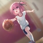  1girl adashi_makoto arms_up ball basketball basketball_(object) bike_shorts black_shorts commentary_request dribbling_(basketball) gym_uniform highres indoors minato_tomoka open_mouth outstretched_arms purple_hair ribbon rou-kyuu-bu! running shirt shoes short_hair short_sleeves shorts side_ponytail socks solo violet_eyes white_shirt white_socks 