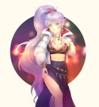  1girl alternate_costume breasts collar earrings eili_enie english_commentary fire_emblem fire_emblem:_genealogy_of_the_holy_war highres ishtar_(fire_emblem) jacket jewelry long_hair necklace purple_hair thighs very_long_hair 