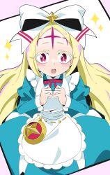  1girl amatsuki_kurone apron blonde_hair blue_dress bow dress facial_mark forehead_mark hair_bow highres long_hair mahou_shoujo_ni_akogarete morino_korisu neck_ribbon nero_alice open_mouth pink_eyes pink_ribbon ribbon solo thick_eyelashes white_apron white_bow 