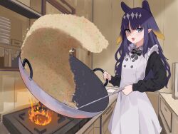  1girl apron black_bow black_sleeves blunt_bangs bow cooking cowboy_shot dot_nose drawer fang fire food forehead fried_rice fried_rice_prank_(meme) grey_eyes highres holding holding_ladle hololive hololive_english indoors kitchen ladle long_hair long_sleeves looking_at_viewer meme ninomae_ina&#039;nis ninomae_ina&#039;nis_(pastry_chef) official_alternate_costume open_mouth parted_bangs pointy_ears purple_hair shadow shelf solo stove striped_bow tentacle_hair tossing triangle_mouth virtual_youtuber white_apron wok yusuriru202 