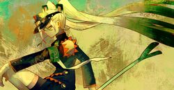  1girl armband black_shorts coat commentary english_commentary fighting_miku_(project_voltage) from_side gloves gradient_hair green_armband green_hair grey_hair hair_between_eyes hat hatsune_miku highres long_hair long_sleeves looking_at_viewer mouth_hold multicolored_hair orange_hair pokemon poursuu profile project_voltage shorts solo spring_onion thigh-highs twintails very_long_hair visor_cap vocaloid white_gloves white_hair white_thighhighs 