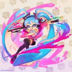 1girl artist_name black_thighhighs blue_eyes blue_hair hand_fan hatsune_miku holding holding_sword holding_weapon kianamosser long_hair open_mouth patterned_background pink_footwear smile solo splatana_wiper_(splatoon) splatoon_(series) sword tentacle_hair thigh-highs twintails very_long_hair vocaloid weapon
