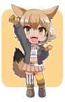  1girl animal_ears black_jacket blonde_hair boots camisole coyote_(kemono_friends) extra_ears full_body gloves highres jacket kemono_friends kemono_friends_v_project looking_at_viewer microphone open_mouth pantyhose rakugaki_arai short_hair simple_background skirt solo tail virtual_youtuber wolf_ears wolf_girl wolf_tail yellow_background 