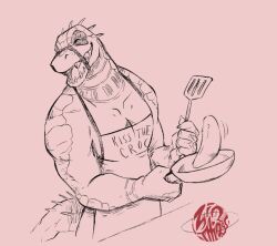  apron artist_name closed_eyes collarbone crocodile_boy crocodilian_tail daylon_(sobek)_(dislyte) dislyte english_commentary fangs flipping_food food frying_pan furry furry_male gloves holding holding_frying_pan holding_spatula looking_to_the_side male_focus muscular muscular_male muzzle_(mask) naked_apron open_mouth pectoral_cleavage pectorals scales smile spatula tail watermark zinthings 