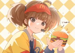  1girl absurdres ahoge badge blunt_bangs brown_hair burger button_badge checkered_background cheese closed_mouth double_cheese_(mcdonald's) employee_uniform english_text fast_food fast_food_uniform food grey_eyes happi hat headset highres holding holding_burger holding_food japanese_clothes looking_at_viewer mcdonald's necktie open_happi red_hat ricia39 sesame_seeds shirt short_sleeves smile solo striped_clothes striped_shirt twintails upper_body visor_cap white_shirt yellow_happi 