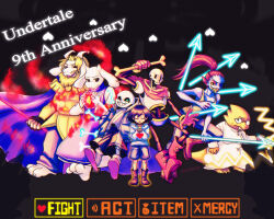 1other 2023 2d 3boys 3girls absurdres alphys ambiguous_gender anniversary anthro armor artist_name asgore_dreemurr beard black_background black_eyepatch black_pants black_tank_top blonde_hair blue_jacket blue_shirt blue_shorts blue_skin bone boots brothers brown_hair cape crown dark_background digital_media dinosaur dinosaur_girl ear_fins eris_nemesis everyone extremely_large_filesize eyepatch facial_hair female fins fire fish fish_girl floppy_ears frisk_(undertale) fur furry furry_female furry_male gameplay_mechanics glasses gloves glowing glowing_eye goat goat_boy goat_ears goat_girl goat_horns group head_fins heart high_ponytail highres holding holding_bone holding_spear holding_trident holding_weapon horns human humanoid husband_and_wife jacket large_filesize lizard lizard_girl lizard_tail long_hair magic male mammal monster monster_boy monster_girl multiple_boys multiple_girls pants papyrus_(undertale) ponytail red_cape red_gloves red_hair reptile reptile_girl reptile_tail robe sans_(undertale) scalie short_hair shorts siblings signature simple_background skeleton slippers spear striped_clothes striped_shirt tank_top text toriel trident undead undertale undyne upside-down_heart variant_set weapon white_fur white_horns