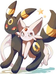  black_eyes colored_sclera espeon forehead_jewel hp7car7nxrq5s7q no_humans pokemon pokemon_(creature) red_sclera simple_background star_(symbol) tail umbreon violet_eyes white_background 